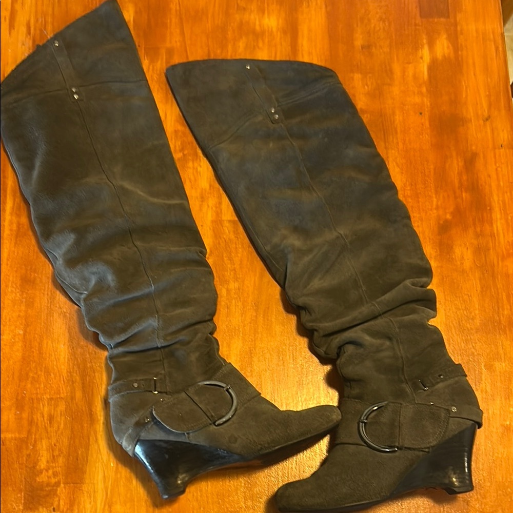 Grey Suede Y2K Over the Knee Suede Slouch Boots